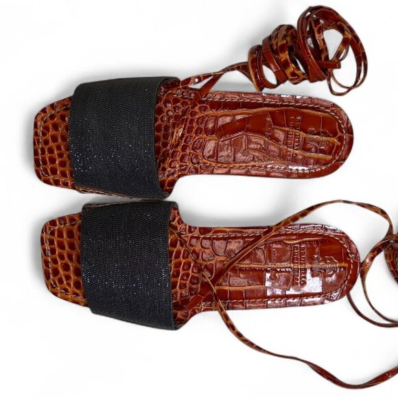 Brunello Cucinelli Women's Orange & Brown Croc Embossed Flat Sandals Sz 37 NWOB - Picture 12 of 16